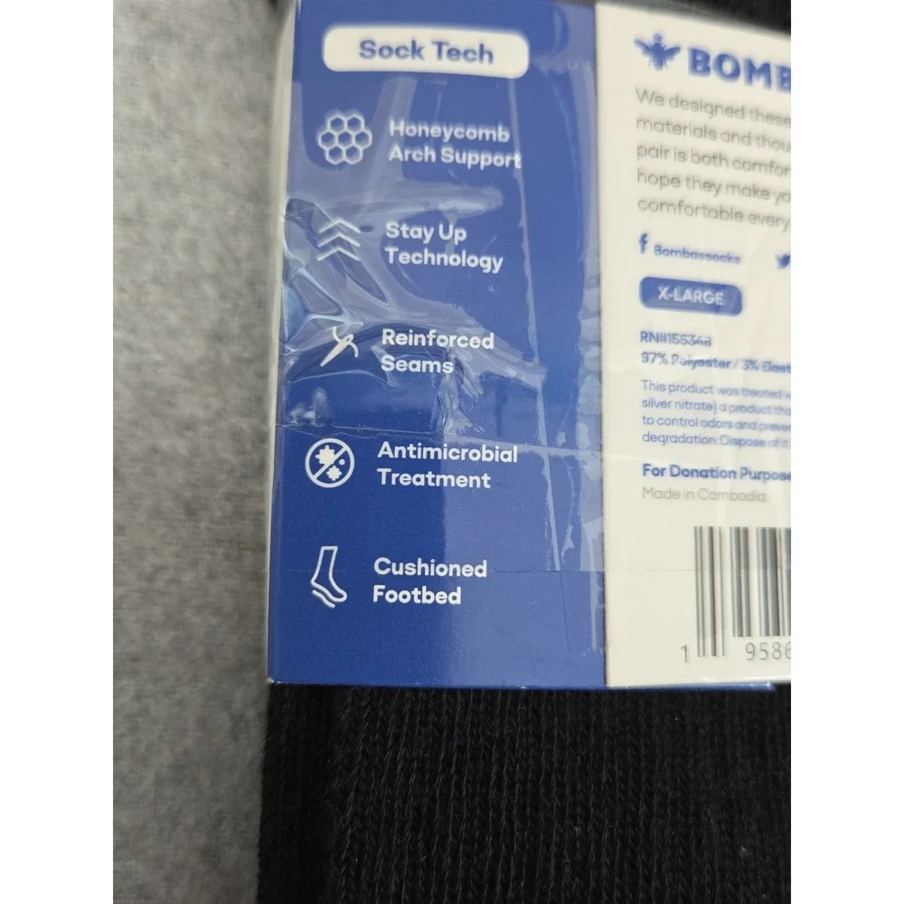 BOMBAS Black Crew Socks Honeycomb Poly Blend Unisex XL Cushioned Comfort NEW